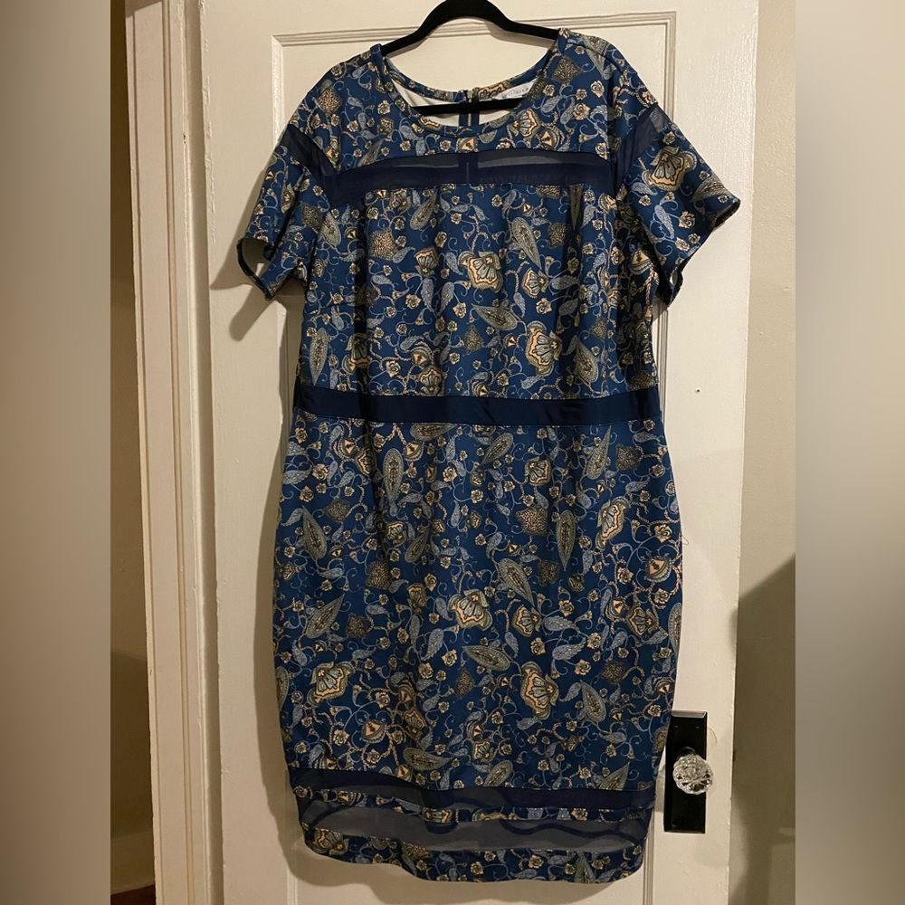 Boutique Blue and Gold Paisley Sheer Band Short Sleeve Knee Length Dress